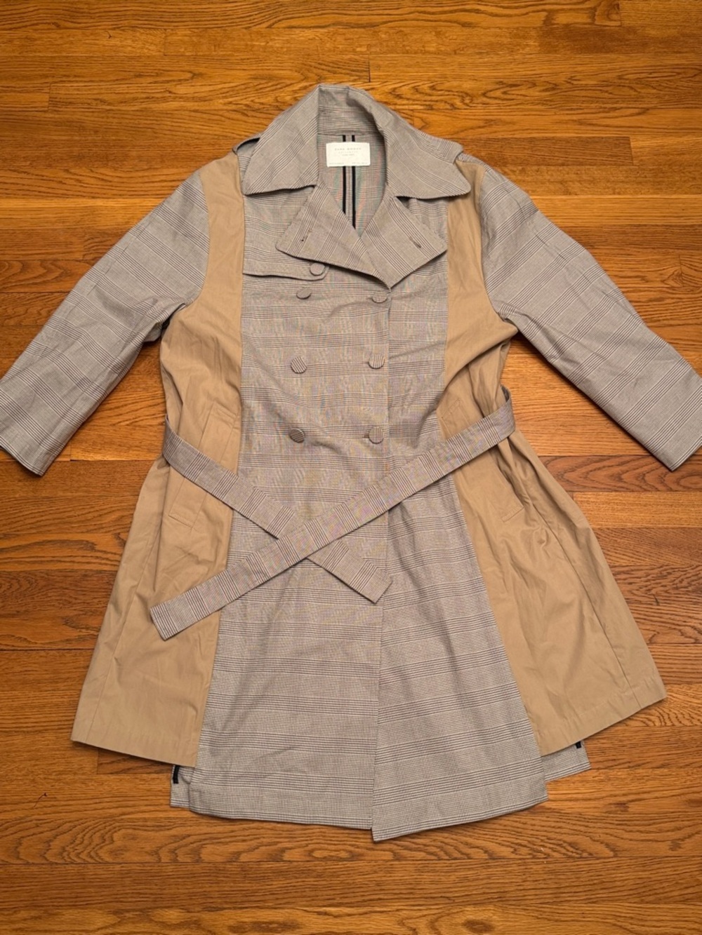 ZARA Woman Plaid Combination Double Breasted Trench Coat With Belt - Large - Picture 4 of 11